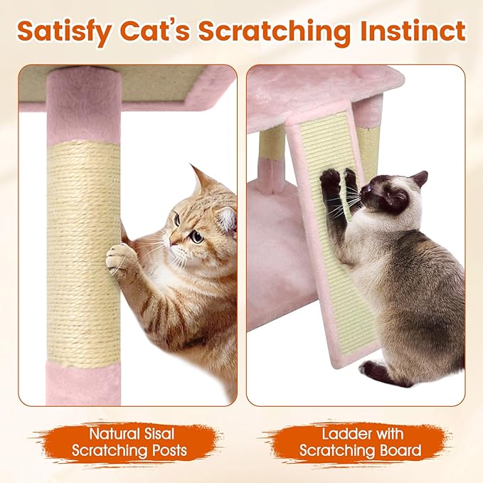 PETSITE Multi-Level Cat Tree, 65 Inches Tall with Sisal Scratching Posts, Condos, Rotatable Cat Basket, Dangling Balls, and Sisal Ladder, Ideal for Indoor Cats to Play and Rest (Pink)