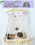 KARCEEY Cat Hammock Macrame Hanging Bed for Large Cats - 50lbs Heavy Duty Cat Swing Wall Mounted Boho Window Perch - Hardware Kit Included