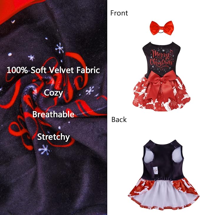 CuteBone Merry Christmas Dog Dress Velvet for Small Dogs Girl Reindeer Puppy Dresses Red Dog Clothes CVA04L-D