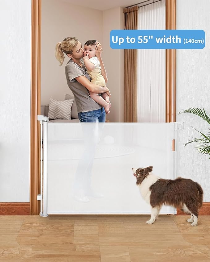 Retractable Baby Gate for Doorways and Stairs, Mesh Safety Gate for Pet, Indoor & Outdoor Use, One-Hand Operation, Easy Installation, 33.6" Tall, Expands to 55" Wide（White,33.6"x55"