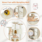 Hexago 54 Inch Cat Tree Tower for Indoor Cats, Multi-Level Cat Condo with Scratching Posts, Climbing Ladder, Plush Hammock, and Toy Ball, Stable Cat Play House Furniture, Beige