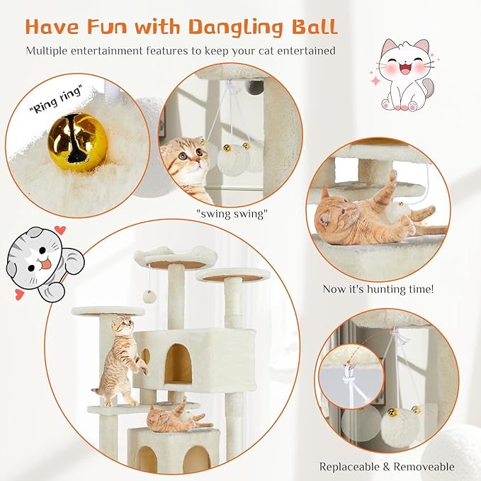 Hexago 54 Inch Cat Tree Tower for Indoor Cats, Multi-Level Cat Condo with Scratching Posts, Climbing Ladder, Plush Hammock, and Toy Ball, Stable Cat Play House Furniture, Beige
