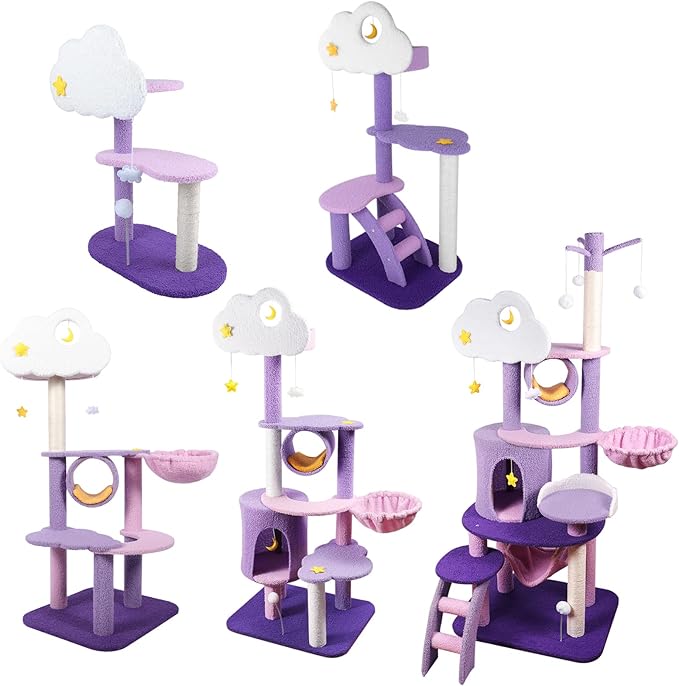 Lucky Monet 59 Inches Cat Tree for Indoor Cats, Multi-Level Cat Tower for Large Cats Cute Purple Pink Cat Tree Unique Cat Condo with Scratching Post Hammock Condo Pompom Ball Toy