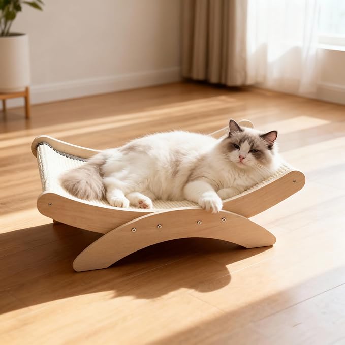Extra-Larger Sisal Cat Scratcher Bed for Indoor Cats - 25" Natural Cat Scratching Post with Hammock Sturdy Solid Wood Frame Scratch Pad for Scratching & Resting & Play
