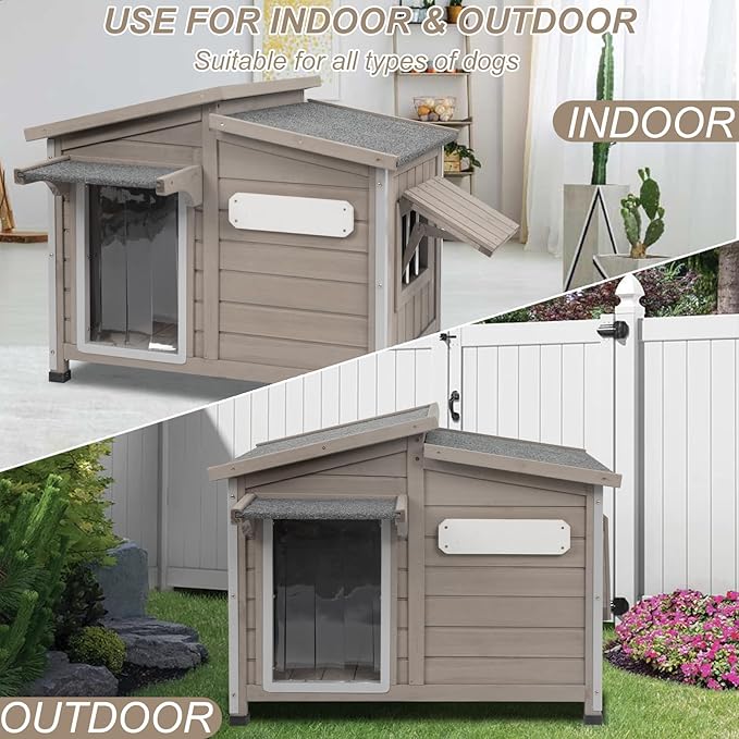 PetsCosset Wooden Dog House Outdoor, Anti-Chewing Iron Frame Dog Kennel Outside, Weatherproof Outside Shelter Pet House for Small, Medium, and Large Dogs with Elevated Floor (Grey, 34" L*22" W*27" H)