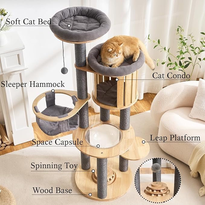 797Audio Wood Modern Cat Tree, 61.5" Cat Tower with Sisal Scratching Posts, Cat Condo, Capsule, Hamnock and Spinner Toy,Solid Wooden Aesthetic Multi-Level Cat Climbing Tree for Adult Indoor Cats-Gray