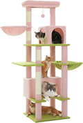 PEQULTI 66" Cat Tree for Indoor Cats, Tall Cat Tower for Large Cats with Scratching Post, Super Large Metal Hammock[20''X12''] and 2 Big Condos, Pink