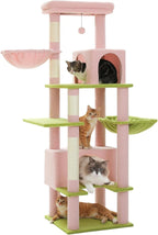 PEQULTI 66" Cat Tree for Indoor Cats, Tall Cat Tower for Large Cats with Scratching Post, Super Large Metal Hammock[20''X12''] and 2 Big Condos, Pink