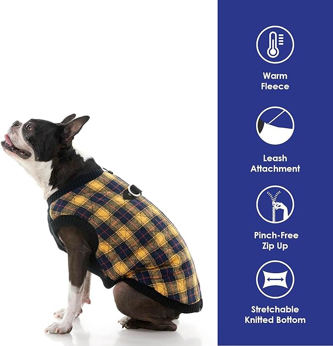 Gooby Fashion Vest Check Dog Jacket - Yellow Check, Large - Warm Zip Up Bomber Vest Dual D Ring Leash - Winter Water Resistant Sweater - Clothes for Small or Medium Dogs