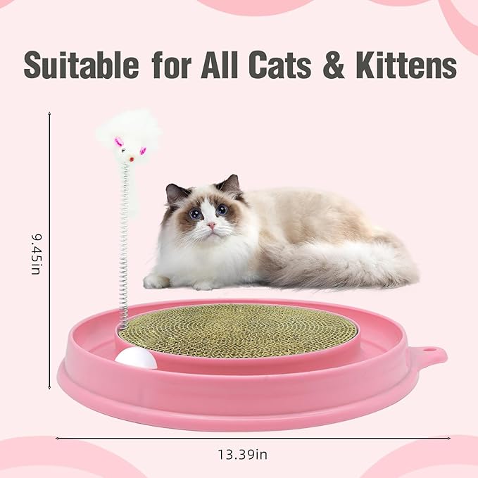 3in1 Cat Scratcher,Interactive Round Plastic Scratching Pad with Ball Track & Mouse, Engaging Puzzle for Indoor Adult Cats and Kittens-Pink