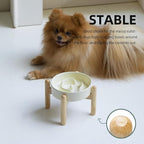 Ceramic 0.9 Cup Raised Dog Slow Feeder Set, Elevated Bowl with Wooden Stand for Small Dog and Cat, 6.1inch Puzzle Slow Dog Food Dish, Anti-Gulping(Light Yellow, Single Bowl+ Stand)