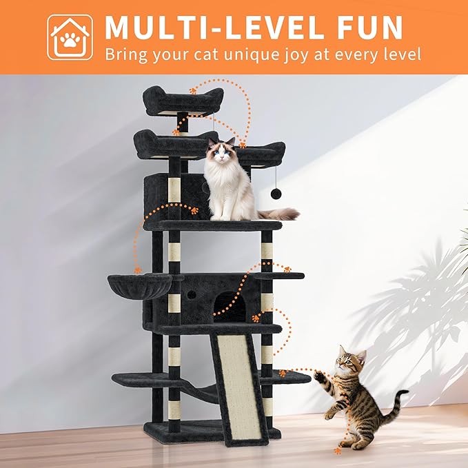 68.5 in Multi-Level Cat Tree for Indoor Cats Large Adult Heavy Duty Cat Tower for Large Cats with 2 Condos/Plush Perches/Sisal Scratching Posts/Hammocks/Basket/Dangling Balls, #2601 Dark-Grey