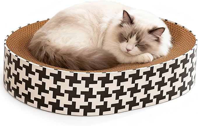 2-in-1 Oval Cat Scratcher Bed Cardboard Bed Lounge, Durable Cat Scratch Pad for Indoor Cats/Kittens, Corrugated Kitty Scratching Bowl with Furniture Protector, 16.33 * 13.19"