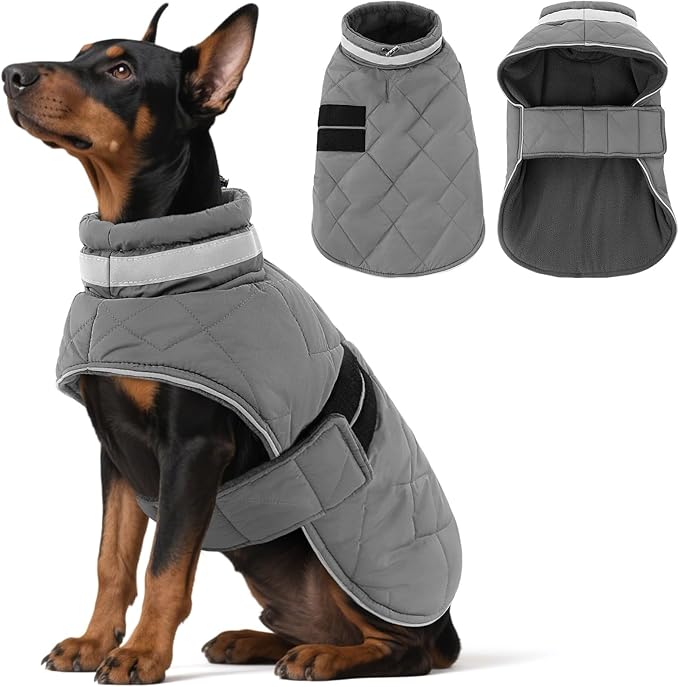 KAMA BRIDAL Dog Winter Coat Warm Padded Puppy Jacket Windproof Water Resistant Clothes for Small Medium Large Pets Christmas Sweater Outfit Vest(Grey, L)
