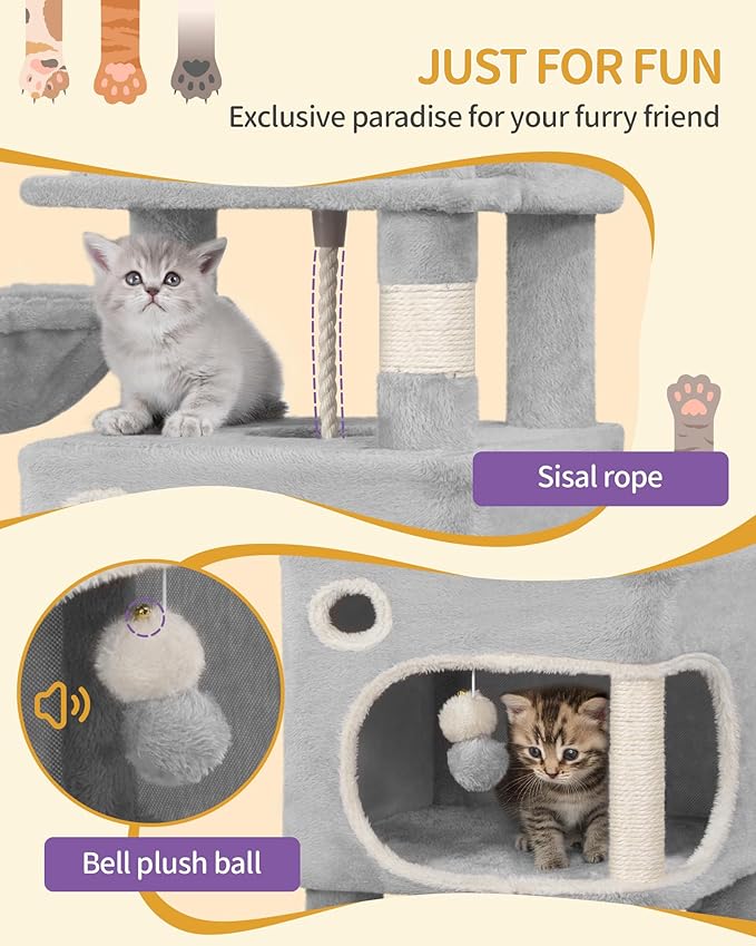 62.6" Cat Tree for Indoor Cats, Cat Tower, Multi-Level Cats Condo with 8 Scratching Posts, 3 Platforms, 2 Caves, Basket, Plush Balls, Sisal Rope, Anti-Tip Kit, Light Grey MS15918LG