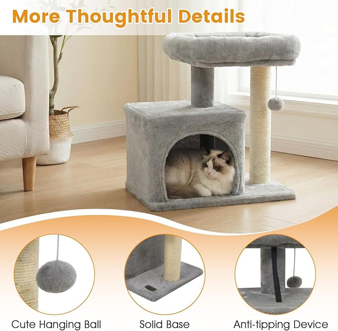PETSITE 19.5-inch Small Cat Tree, with Sisal Scratching Post, Interactive Hanging Ball, Comfy Condo, and Spacious Top Perch, Ideal for Indoor Cats and Kittens (Grey)