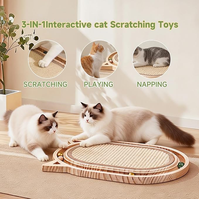 Cat Scratcher Sisal Scratching Pad Toy with Ball Track Wooden Interactive for Indoor Physical Exercise Kitty Medium Kitten Spring Chasing Hunting Mental Bored Adult Enrichment Toys Post