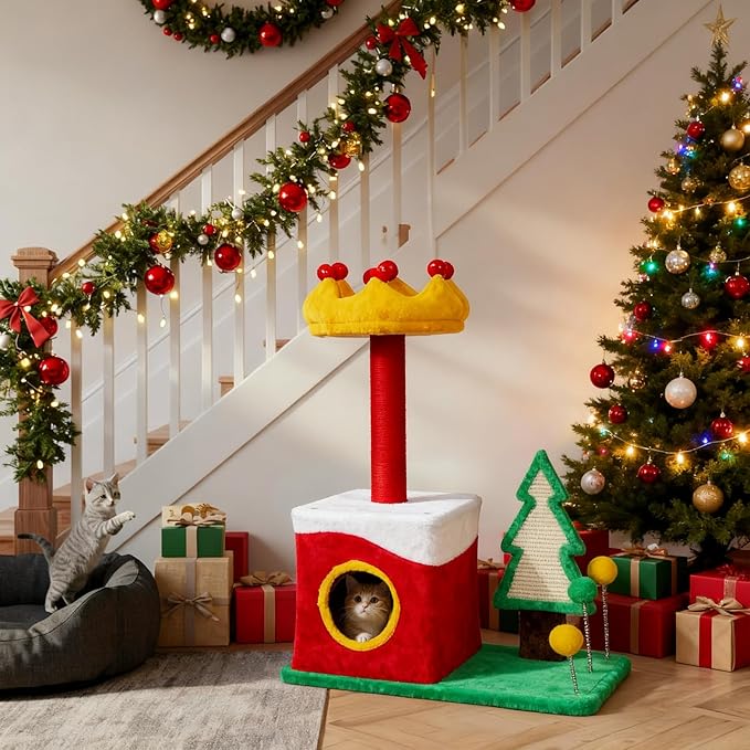 Christmas Decorations, Christmas Cat Tree with Crown Perch, 29.5in Festive Cat Tower with Sisal Scratching Ramp & Hanging Toys, Small Holiday Cat Condo for Indoor Cats, Christmas Decor for Pet
