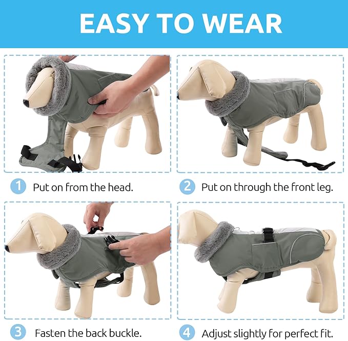 Queenmore Dog Cold Weather Coats, Fleece Collar Pet Apparel for Cold Weather, Dog Snowsuit, Cozy Winter Dogs Jackets Winter with Quick Release, Grey, XXL