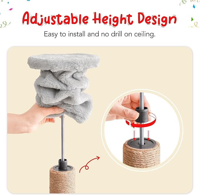 Cat Tree, Floor to Ceiling Cat Tower Adjustable Height [92.9-102.4in=235-258cm], 7 Tiers Cat Climbing Play House with Fully Sisal Scratching Post,Cozy Condo&Hammocks for Indoor Cats,Light Grey