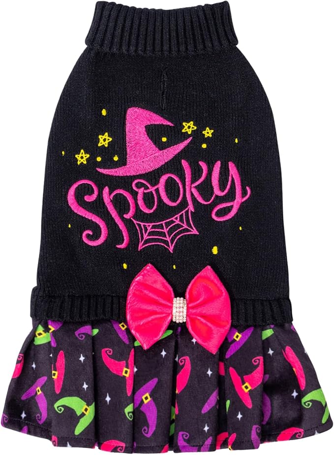 CuteBone Halloween Dog Sweater Dress Spooky Embroidery Turtleneck Puppy Sweater with Bowtie Harness Hole Pullover Winter Dress for Medium Dogs