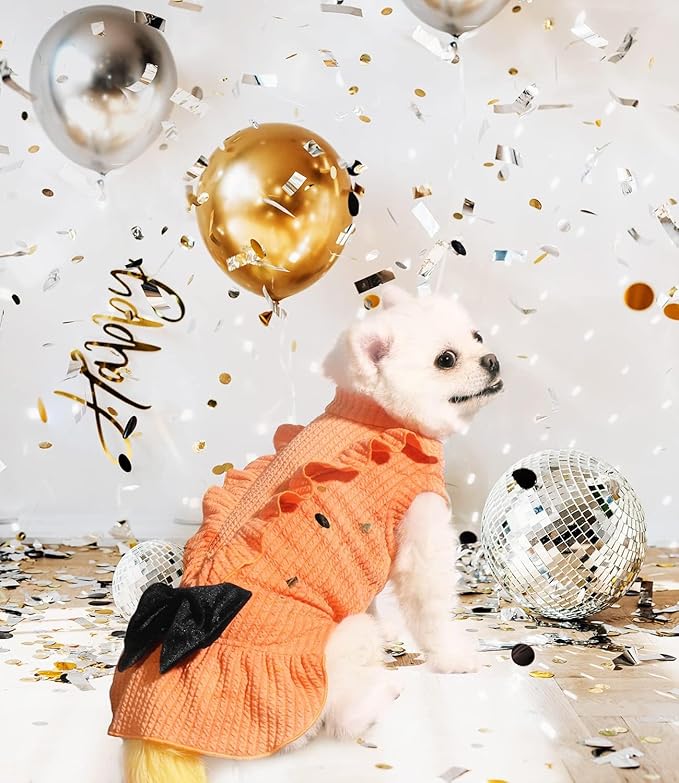 Dog Birthday Dresses, Dog Princess Dress, Turtleneck Puppy Skirt with Velvet Bowknot for Small Medium Dogs Girl (Orange, M)