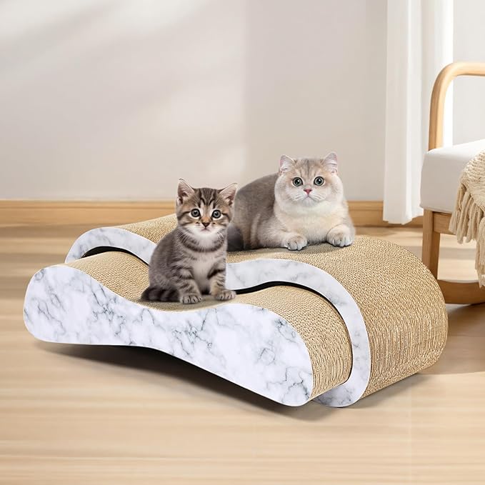 FluffyDream 2 in 1 Cat Scratcher Cardboard Lounge Bed, Cat Scratching Post, Durable Board Pads Prevents Furniture Damage,Large,Marble White