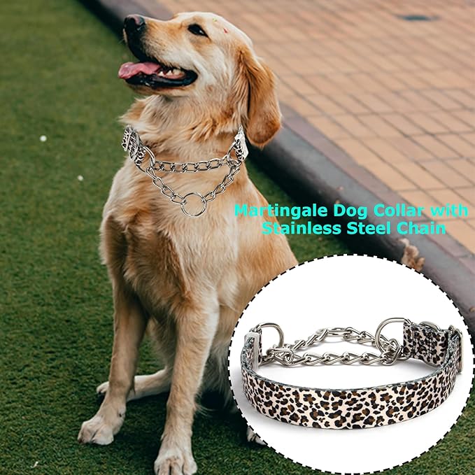 Martingale Collar with Chain,Adjustable Soft Durable Choke Collar for Medium Large XL No Pull Training Dog Collars-Leopard L
