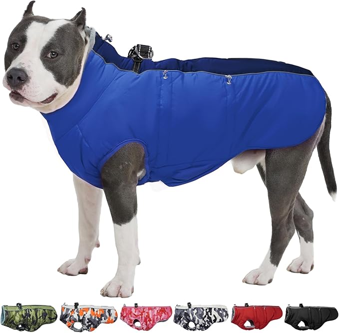 Dog Winter Jacket - Large, Warm Zip Up Snowsuit Dog Harness Vest, Reflective, Water-Resistant, Royal-Blue