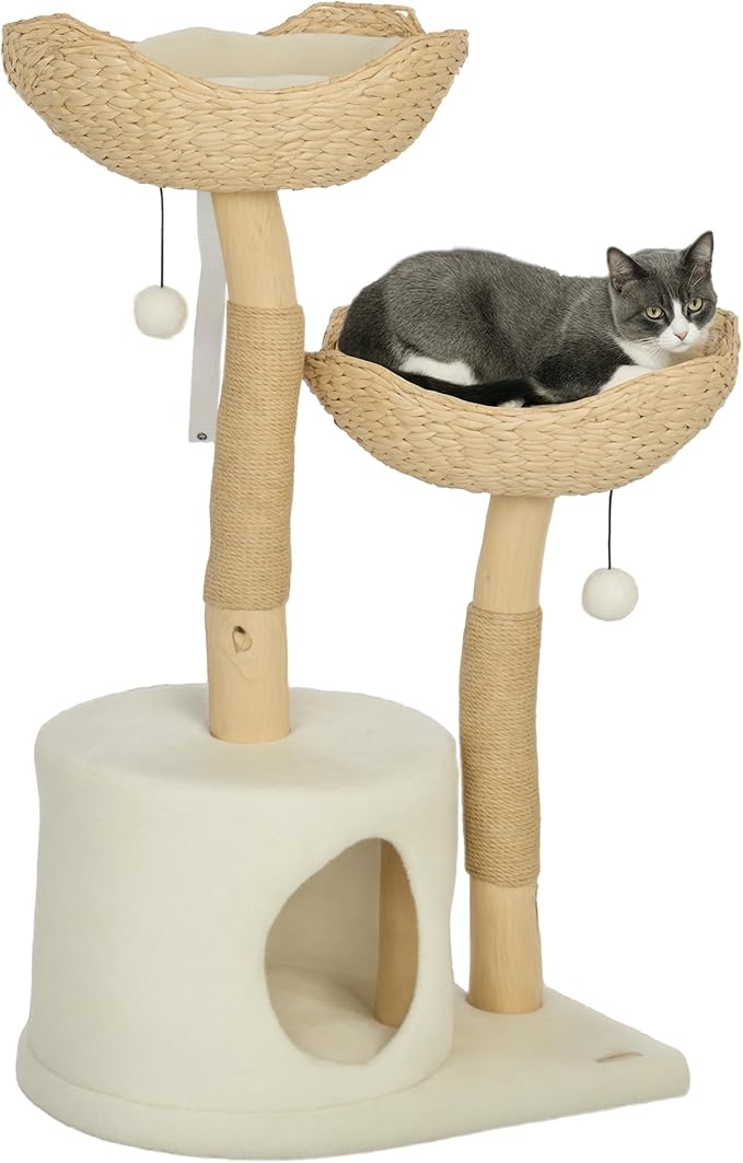 PawHut Cat Tree, 37" Cat Tower for Indoor Cats, Modern Cat Scratching Post with Wooden Posts, Cat Condo, Cat Beds, Toy Balls, Washable Cushions, Anti-Tip Kit, for Kittens & Adult Cats