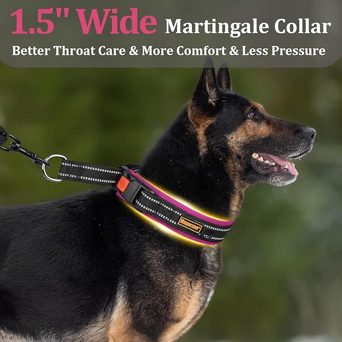 Mayerzon 1.5" Wide Martingale Collar for Large Medium Small Dogs Pitbull German Shepherd, No Pull Reflective Slip Martingale Dog Collar with Buckle Soft Padded for Walking Training(Pink,XXL)