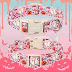 ARING PET Halloween Dog Collars, Cute Pink Pumpkin Ghost Flower Bowtie Pet Collar with Quick Release Buckle for Small Medium Large Girl Boy Dogs-S