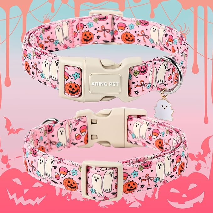 ARING PET Halloween Dog Collars, Cute Pink Pumpkin Ghost Flower Bowtie Pet Collar with Quick Release Buckle for Small Medium Large Girl Boy Dogs-XS