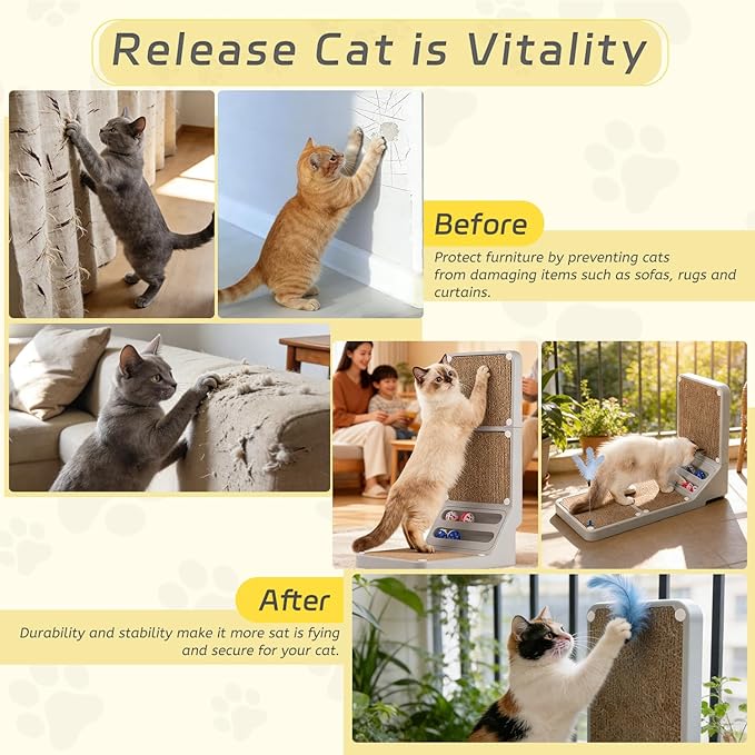 Cat Scratcher Cat Scratch Pad L Shape Wall Mounted Dual Use (Vert/Horiz) Kitten Bunifa Scratching Card Board Vertical Post with Ball Toys Feathers,Protecting Furniture Core is Replaceable Large Grey