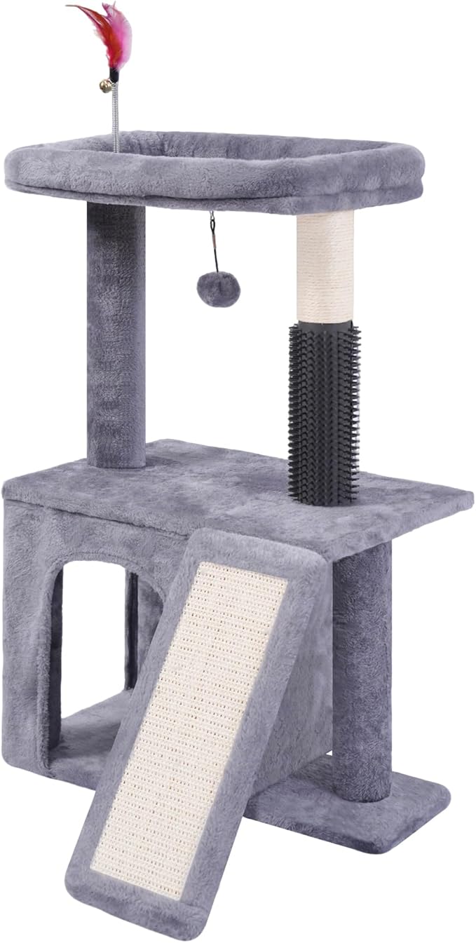 Cat Tree with Self-Grooming Brush and Interactive Toys, Cat Tree Tower for Indoor Cats, Cat Tower with Sisal Scratching Post and Scratching Pads, Cat Condo with Padded Perch, Grey