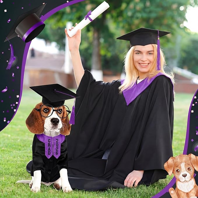 5 Pcs Dog Graduation Costume Set Include 2026 Pet Graduation Gown with Stole Puppy Grad Cap Lensless Glasses DIY Letter Stickers for Dogs Cats Holiday Costume Accessory(Black Purple,L)