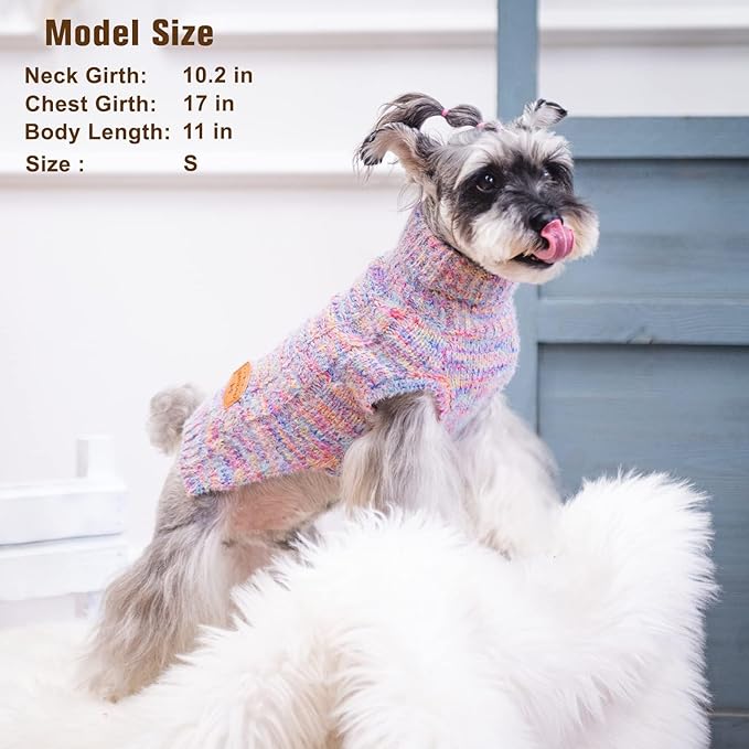 BEAUTYZOO Small Dog Sweater -Turtleneck Pullover Classic Cable Knit Fuzzy Winter Coat Dog Cold Weather Clothes for Small Medium Dogs Puppy Girl Boys(Rainbow Pink, M/L)