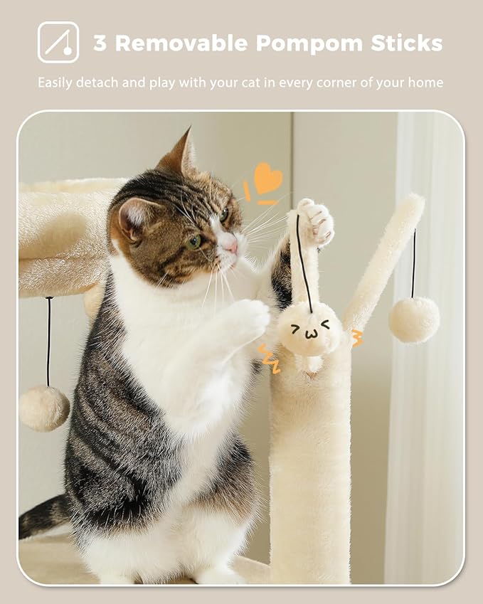 59" Cat Tree, Cat Tower for Large Cats, Multi-Level Cat Tower with 3 Removable Pompom Sticks, Cat Tree for Indoor Cats, Cat Condo with Large Hammock, Scratching Post, and 2 Perches, Beige