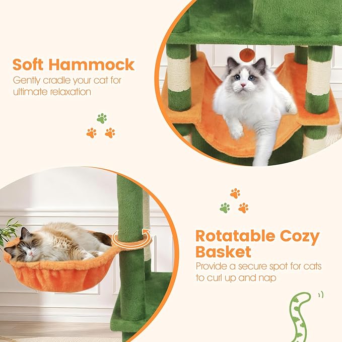 Tangkula 66 Inch Tall Cat Tree, Multi-Level Cat Tower with Sisal Scratching Posts, 2 Condos, Plush Perch, Hammock, Basket, Dangling Toys, Cat Climbing Furniture for Indoor Cats (Green+Orange)