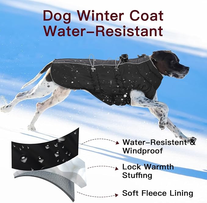 Medium Dog Coat - Warm Zip Up Snowsuit Dog Harness Vest, Reflective, Water-Resistant, Black