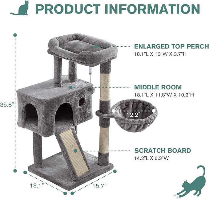 IMUsee Cat Tree for Indoor Cats, Multi-Level Cat House Condo with Large Perch, Scratching Posts, Hammock, Cat Climbing Stand with Toy for Small Cats Kittens Play Rest, 36" Tall, Grey