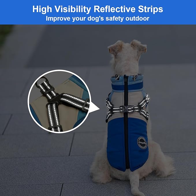 Dog Winter Coat - Waterproof Jacket, Windproof Fleece Vest with Built-in Harness, Reflective Snow Jacket for Small to Large Dogs, Blue