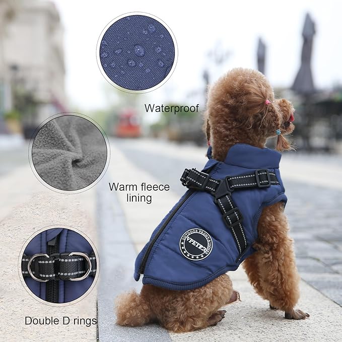Dog Winter Coat,Warm Pet Jacket Paded Fleece Vest with Built in Harness, Windproof Reflective Cozy Adjustable Snow Pet Coat Clothes with Zipper for Small Medium Large Dogs