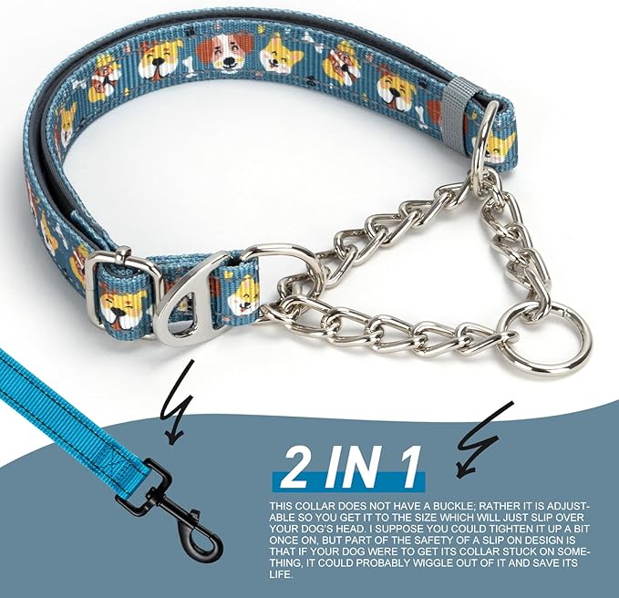 Reflective No-Pull Martingale Dog Collar with Chain - Cartoon Dog Pattern, Adjustable Anti Pull Training Collar for Medium, Large & XL Dogs (Large)
