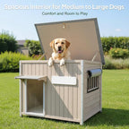 Dog House Indoor Outdoor, Weatherproof Wooden Dog House for Medium/Large Dogs, Chew-Proof Frame, Vent Window & Elevated Floor, Openable Roof, Easy to Assemble & Clean, Gray 43.3" L×29.5" W×33.5" H