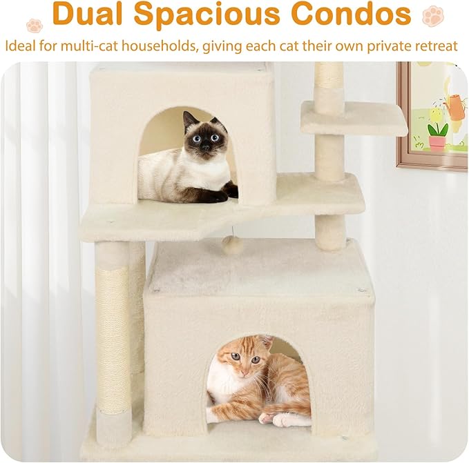 Tangkula 70 Inch Tall Cat Tree, Multi-Level Large Cat Tower with Sisal Scratching Posts, Plush Top Perch, 2 Condos, Hammock, 2 Dangling Balls, Cat Tree Tower for Indoor Cats Large Adults (Beige)