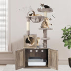 Cat Tree with Litter Box Enclosure, 2-in-1 Cat Tower for Indoor Cats, Large Wood Cat Condo with Basket, Scratching Posts, Pompoms, Grey