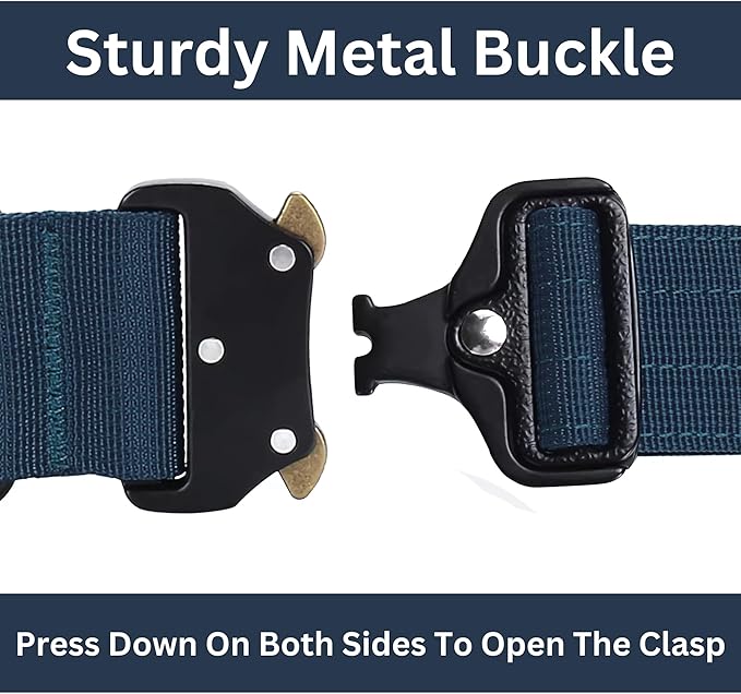 Heavy Duty Tactical Dog Collar – Adjustable Nylon with Metal Buckle, Durable & Comfortable for Medium to Large Dogs (German Shepherd, Labrador, Rottweiler), Blue, Large, for Training & Outdoor Use.