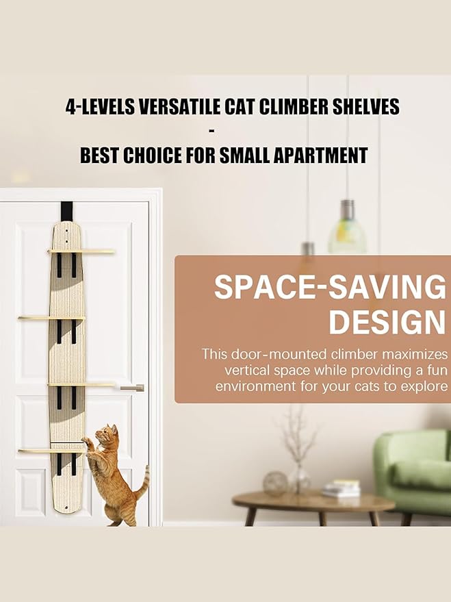 Door Hanging Cat Tree,Door Hanging Cat Shelf with Soft Mat,4-Levels Over The Door Cat Climber for Indoor Cats(Wooden-67.3" H X 23.2" L X 8.3" W)