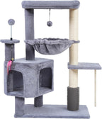 Cat Tree with Cat Condo and Hammock for Indoor Cats, Cat Tree with Self-Grooming Brush and Toy Balls,Cat Tower with Scratching Posts,Grey